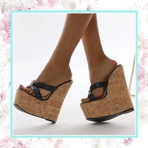 🌸 WEDGE HEEL SHOES SANDLE PLATEFORM CORK WOOD LEATHER STRAP NO ANKLE BOHO CHIC